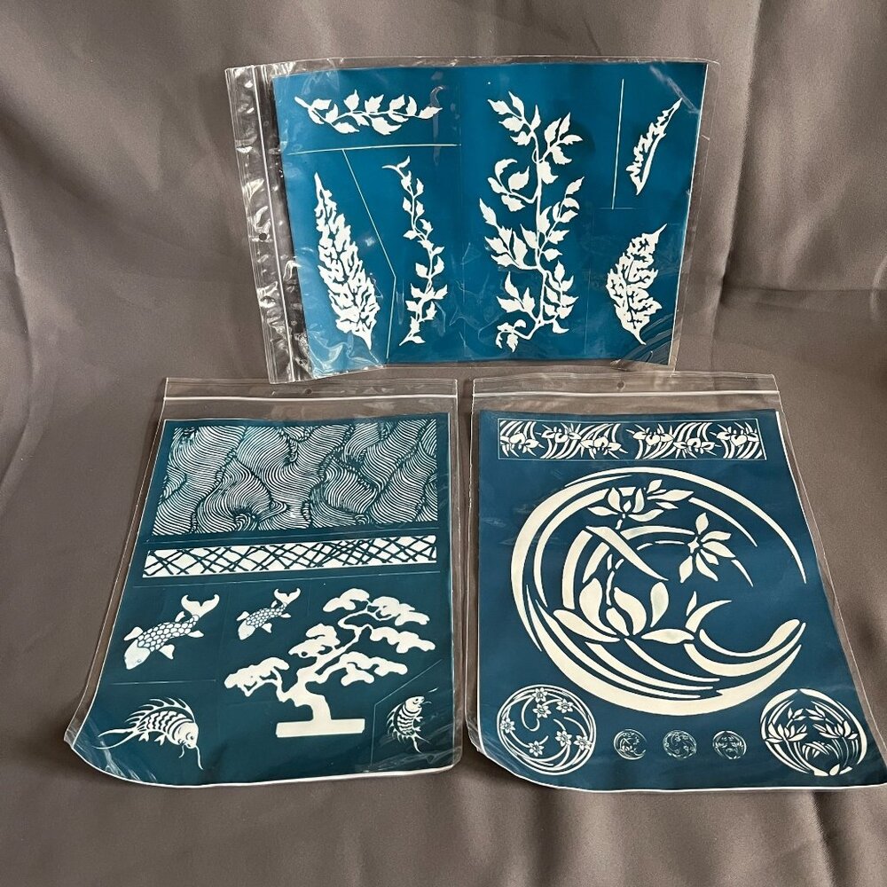 Japanese Style Stencil Sheets For Crafting & Painting - Floral Koi Fish & Tree D